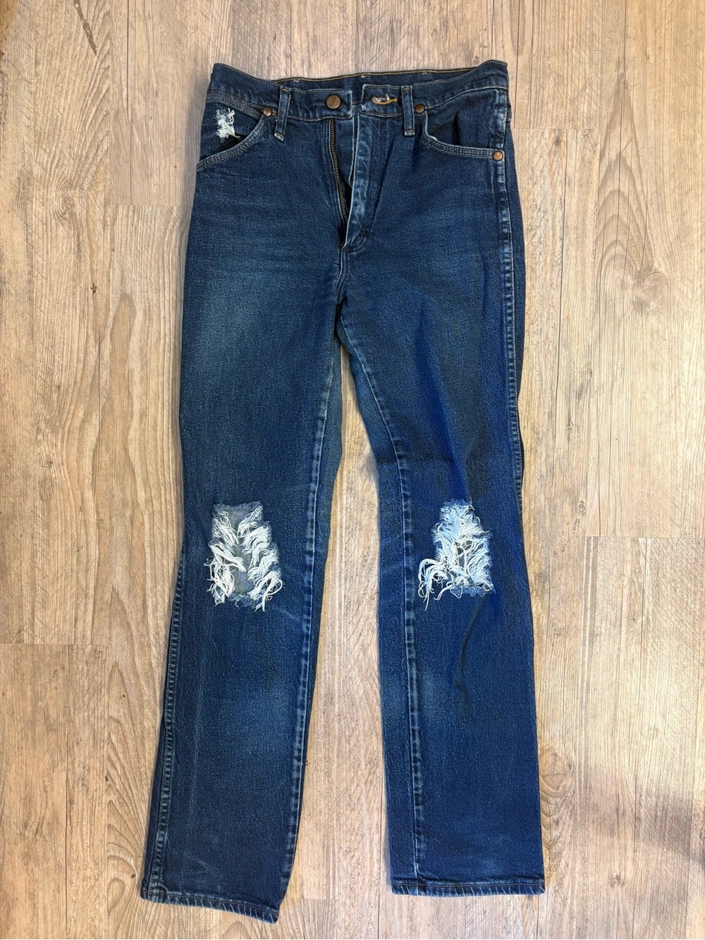 Wrangler Dark Blue Straight Leg Distressed Jeans